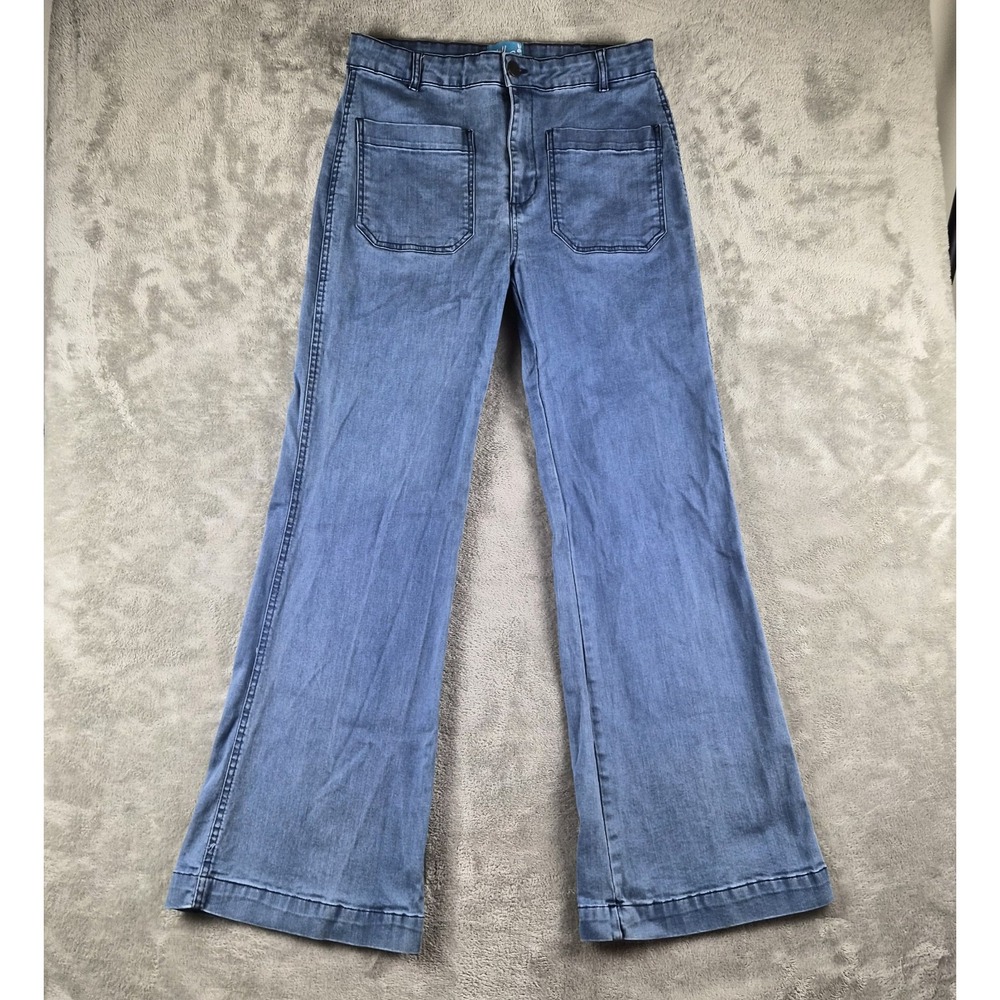 Hell Bunny Jeans Womens Large 32 Blue High Rise Flare Wide Leg Retro Rockabilly